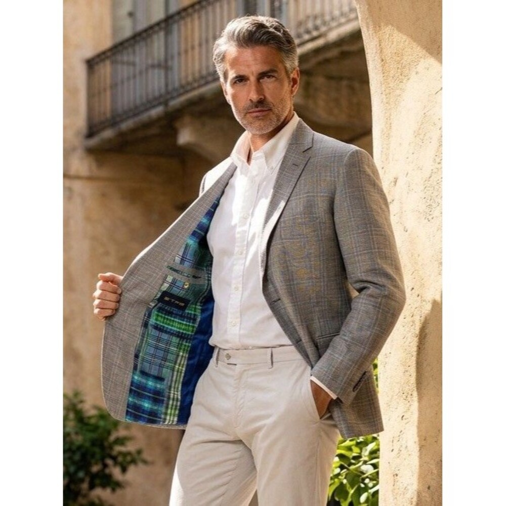 ETRO Milano Blazer Sport Coat Size 56 IT US 46 Gray Plaid Wool Linen Italy